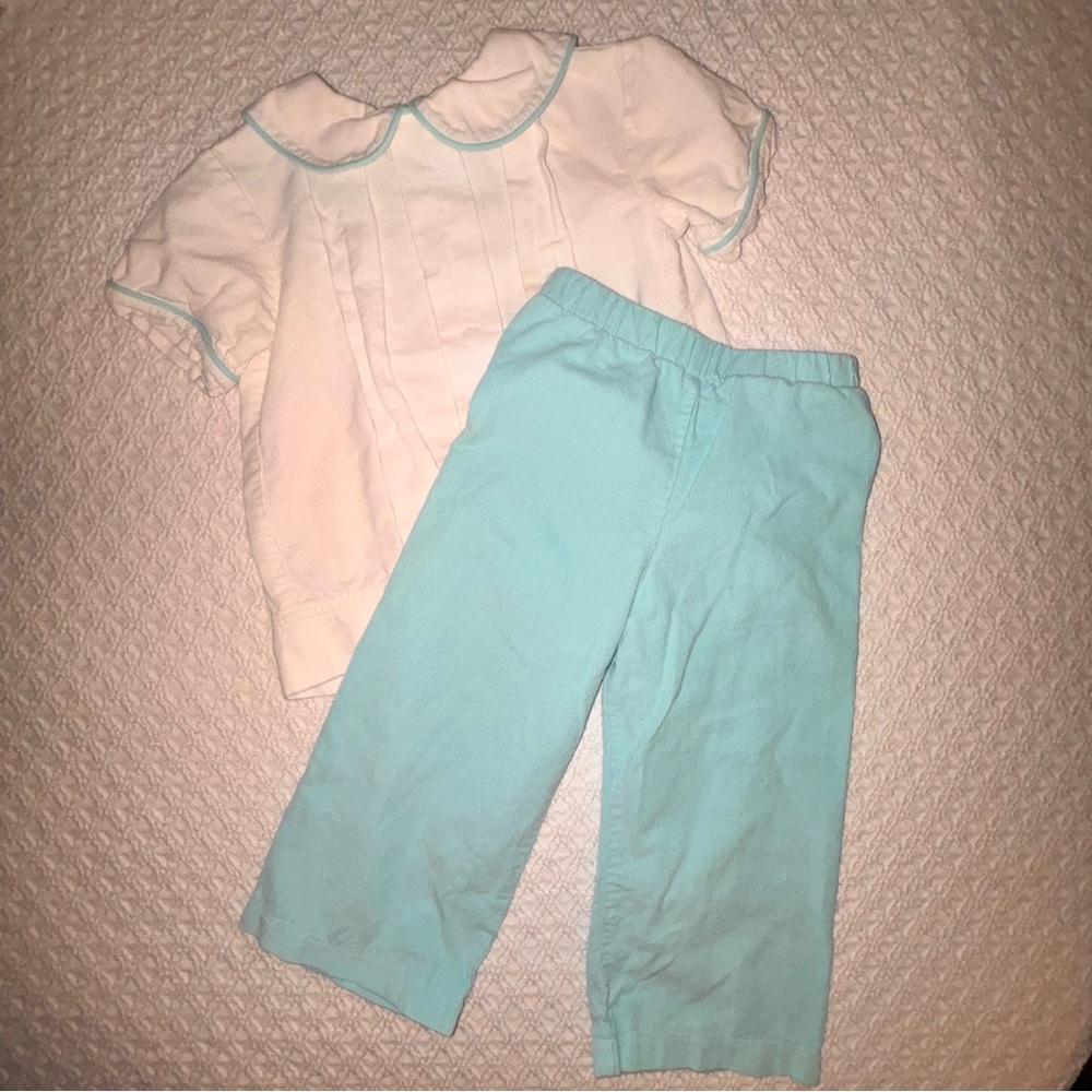Anvy Kids boy 2T white and ocean, blue corduroy pants set Peter Pan collar